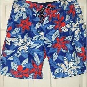 Lands End Swim Shorts Size Medium Floral‎ Tropical Red Blue Patriotic 4th
